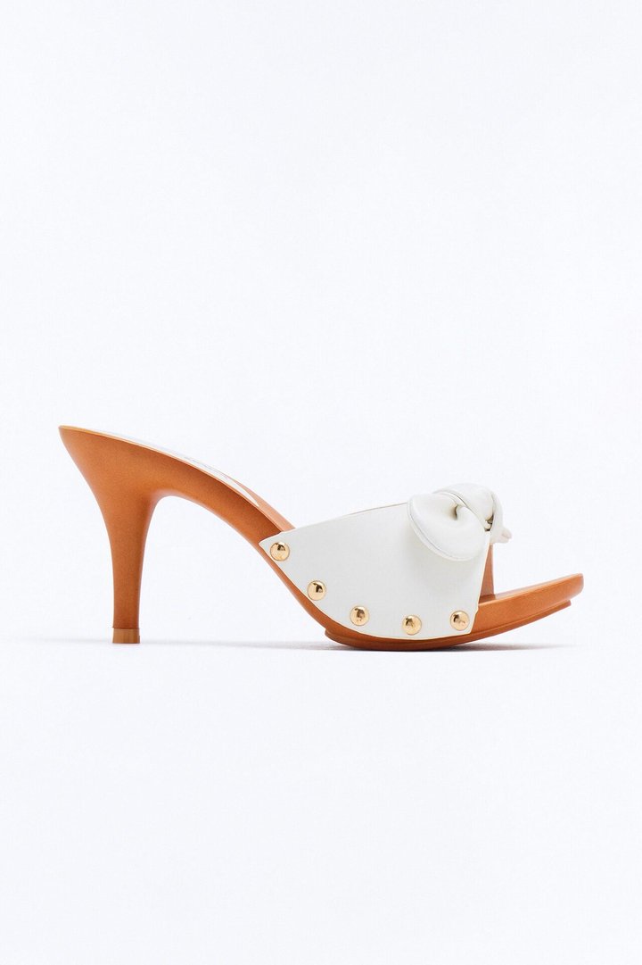 Reed Bow Studded Wood Heels - White