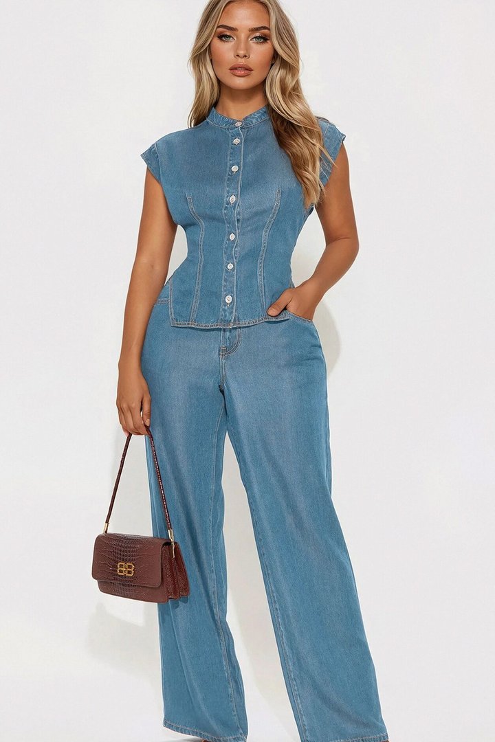 Olivia Wide Leg Pant Set - Light Wash