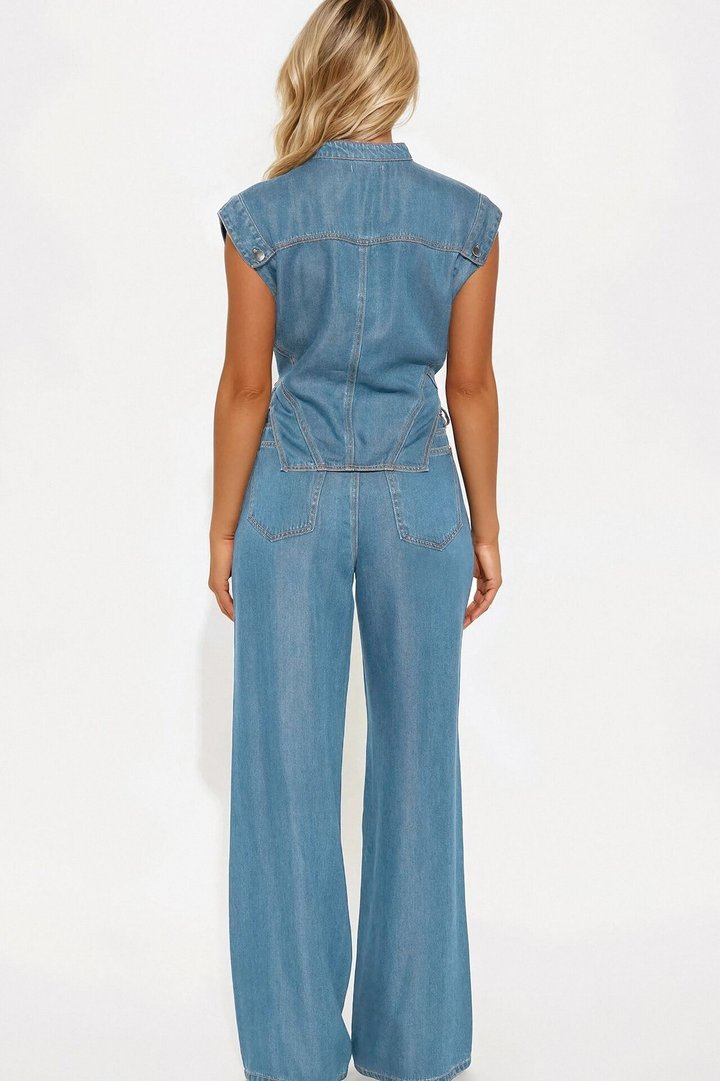 Olivia Wide Leg Pant Set - Light Wash