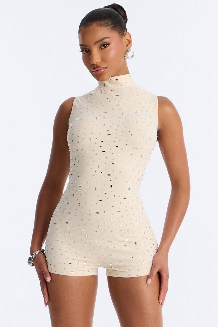 Shinning Lights Mock Neck Sleeveless Romper - Nude