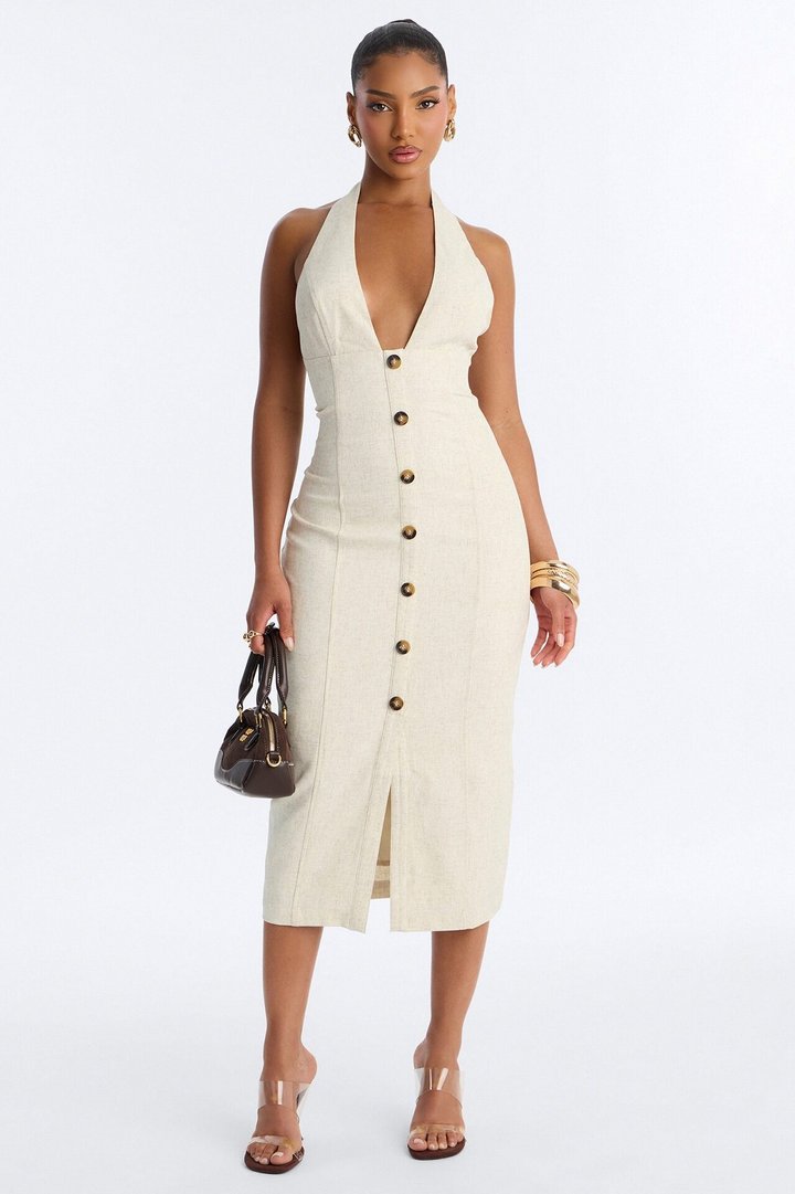 Leah Linen Midi Dress - Cream