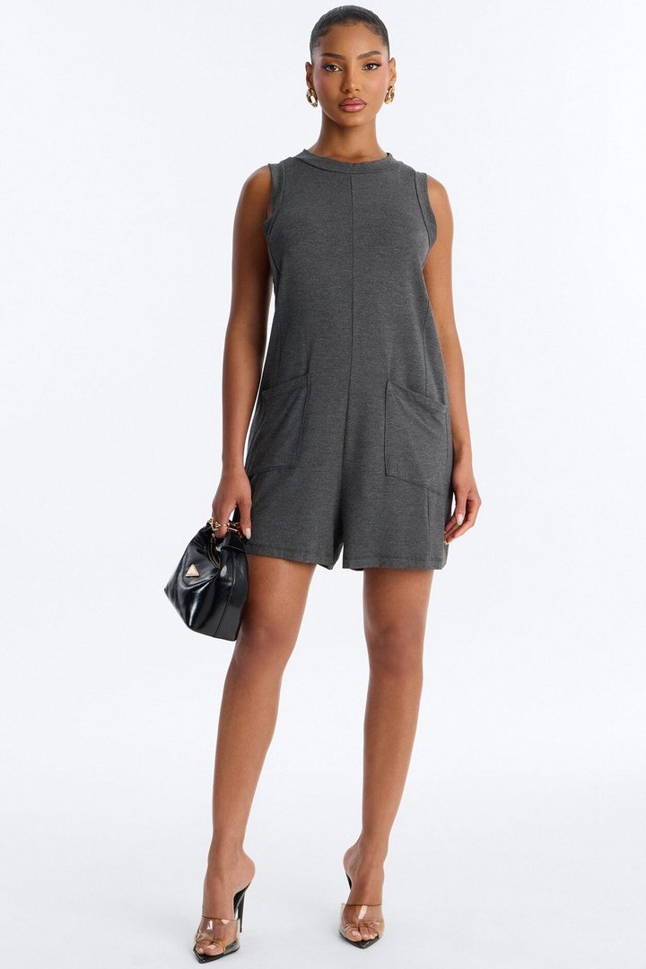 Jen High Neck Romper - Charcoal