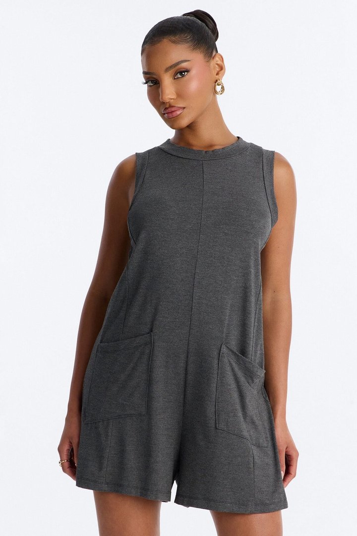 Jen High Neck Romper - Charcoal