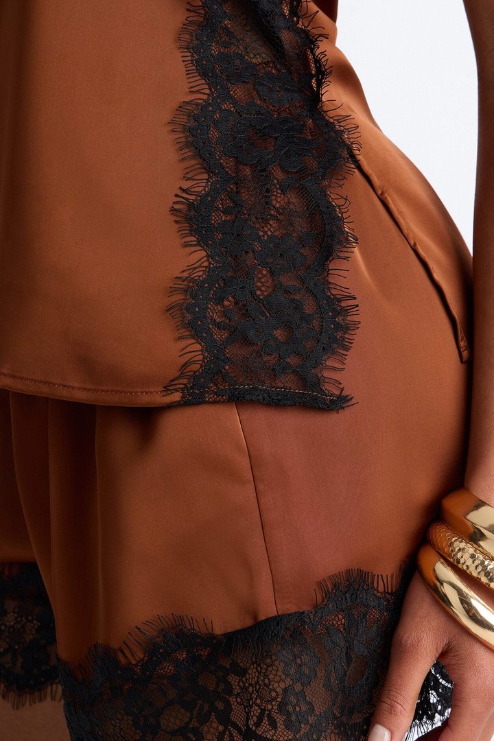Luella Satin Lace Short Set - Brown