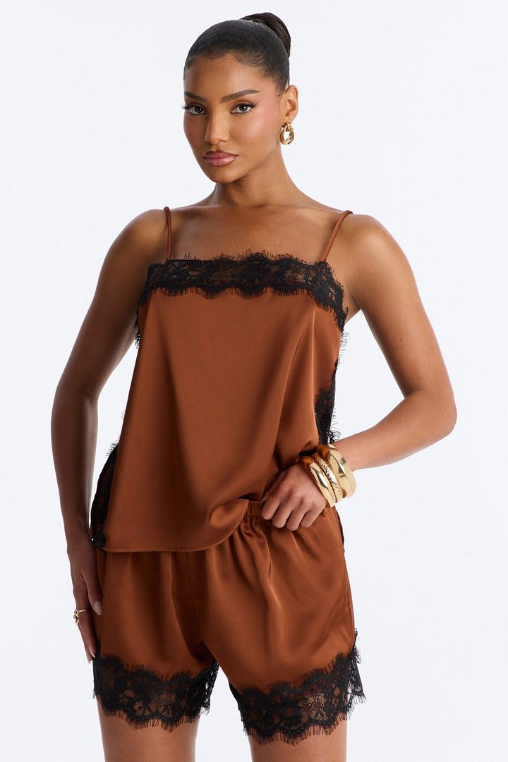 Luella Satin Lace Short Set - Brown