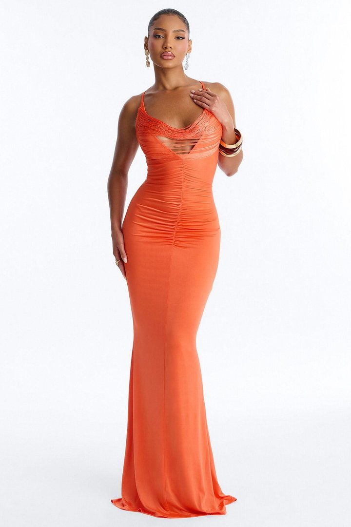 Sofia Ruched Fringe Maxi Dress - Orange