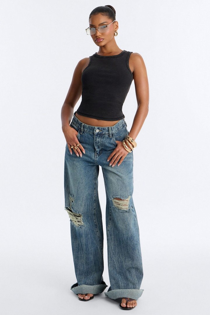 Annie Acid Washed Ribbed Crew Neck Tank Top - Black