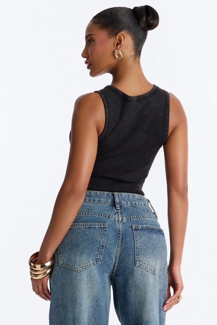 Annie Acid Washed Ribbed Crew Neck Tank Top - Black