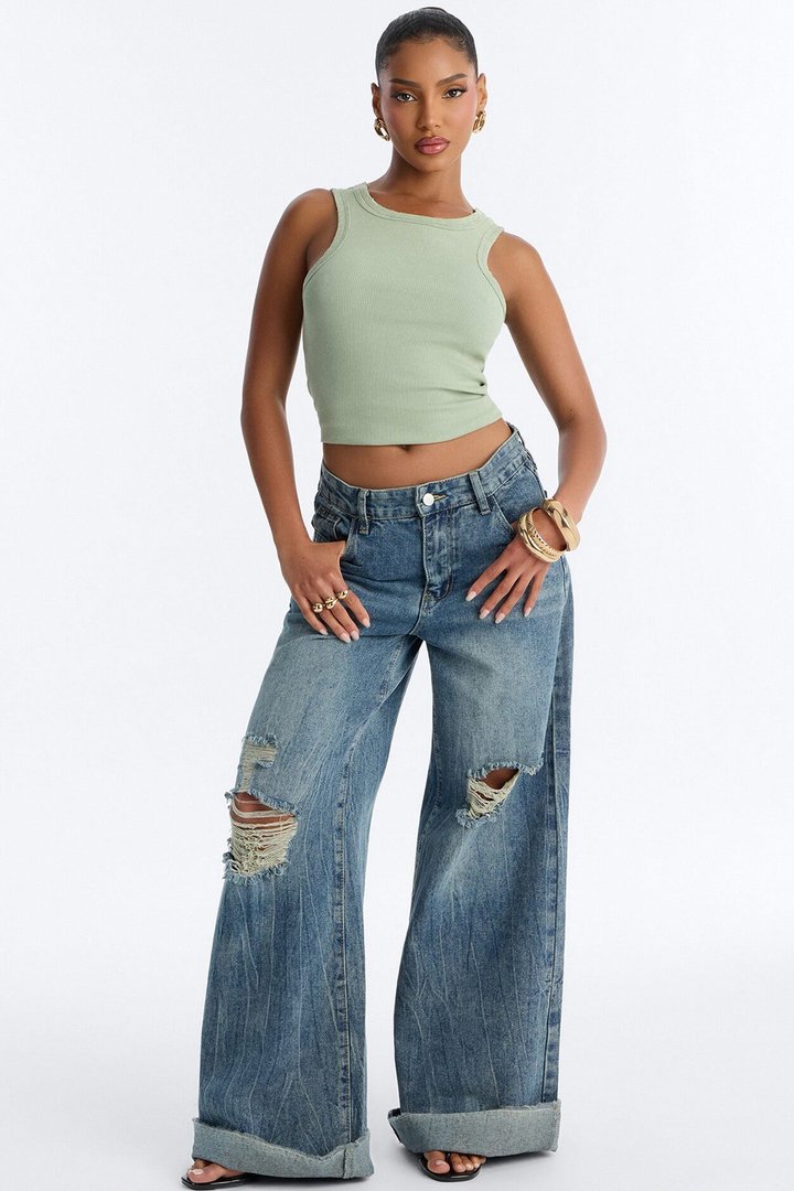 Annie Acid Washed Ribbed Crew Neck Tank Top - Sage