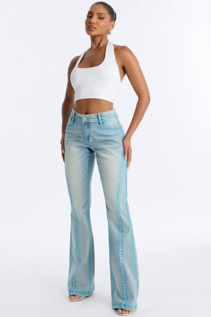 Summer Love Embellished Flare Jeans - Blue