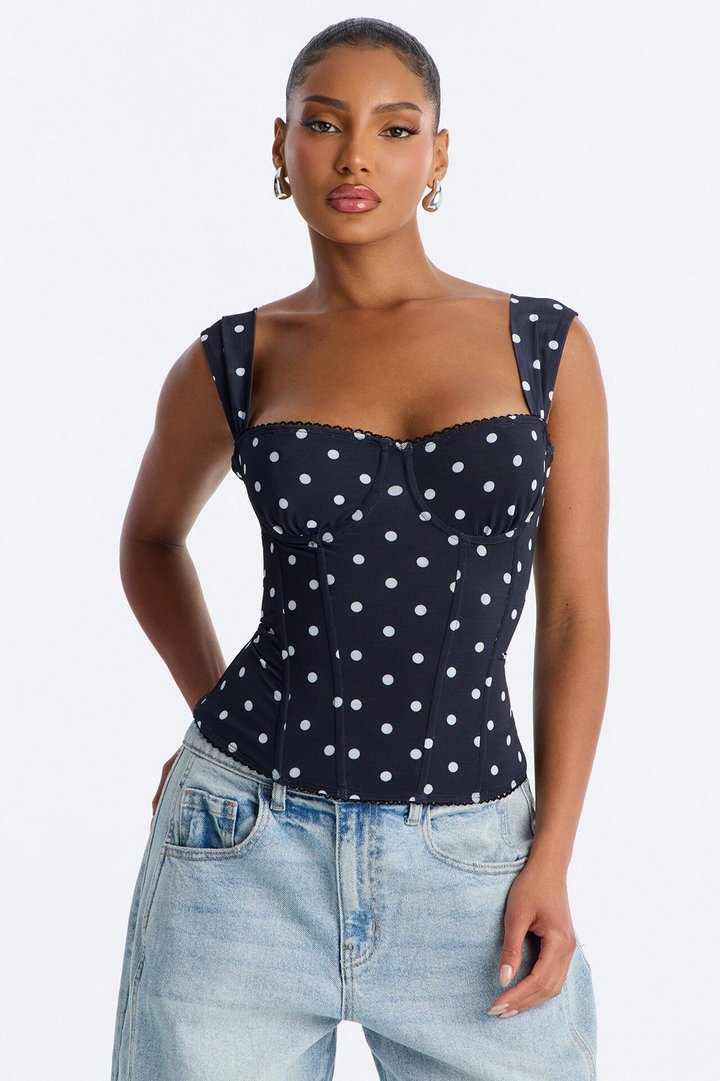 Carina Mesh Square Neck Polka Dot Corset Top - Black/combo