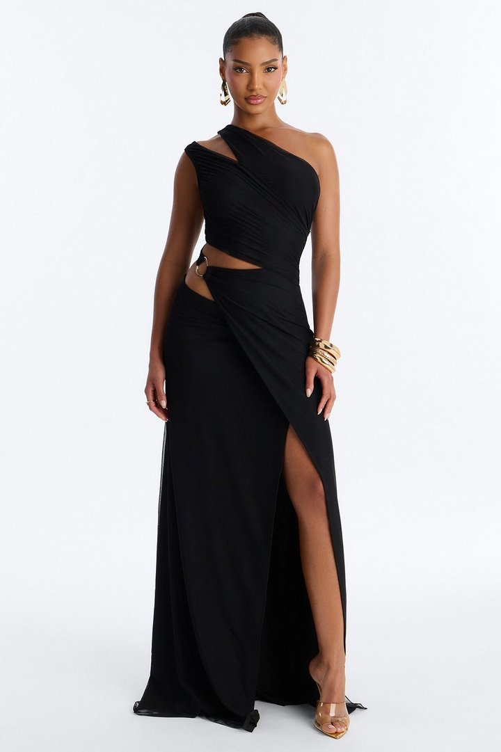 Peyton Ruched Mesh Maxi Dress - Black