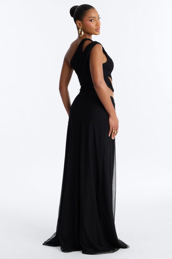 Peyton Ruched Mesh Maxi Dress - Black