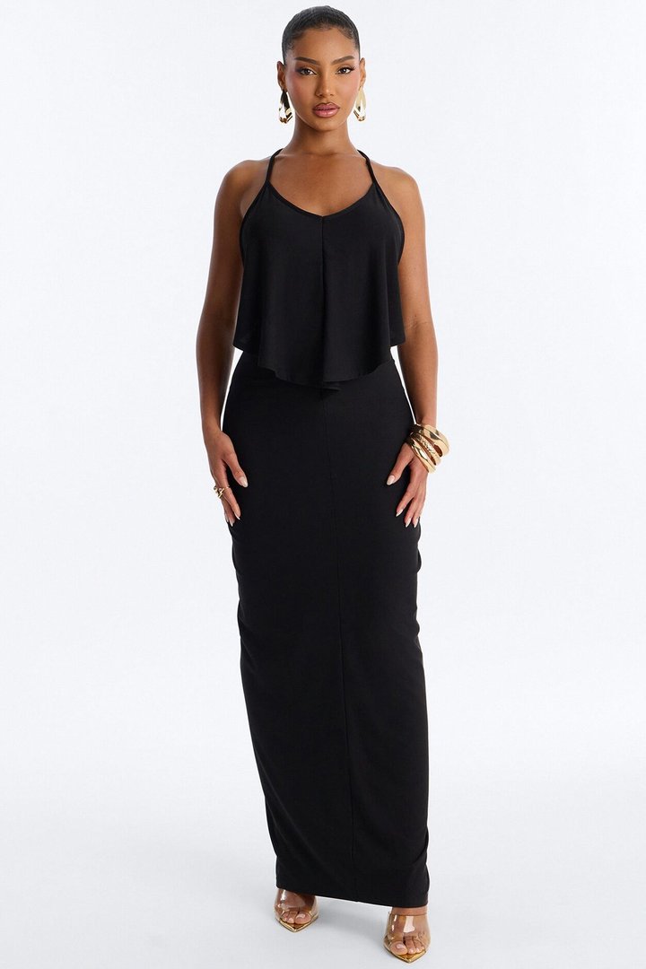Selena Backless Drape Maxi Dress - Black