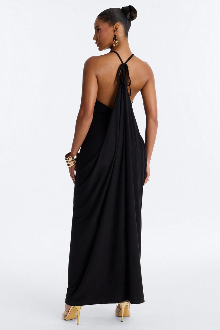 Selena Backless Drape Maxi Dress - Black