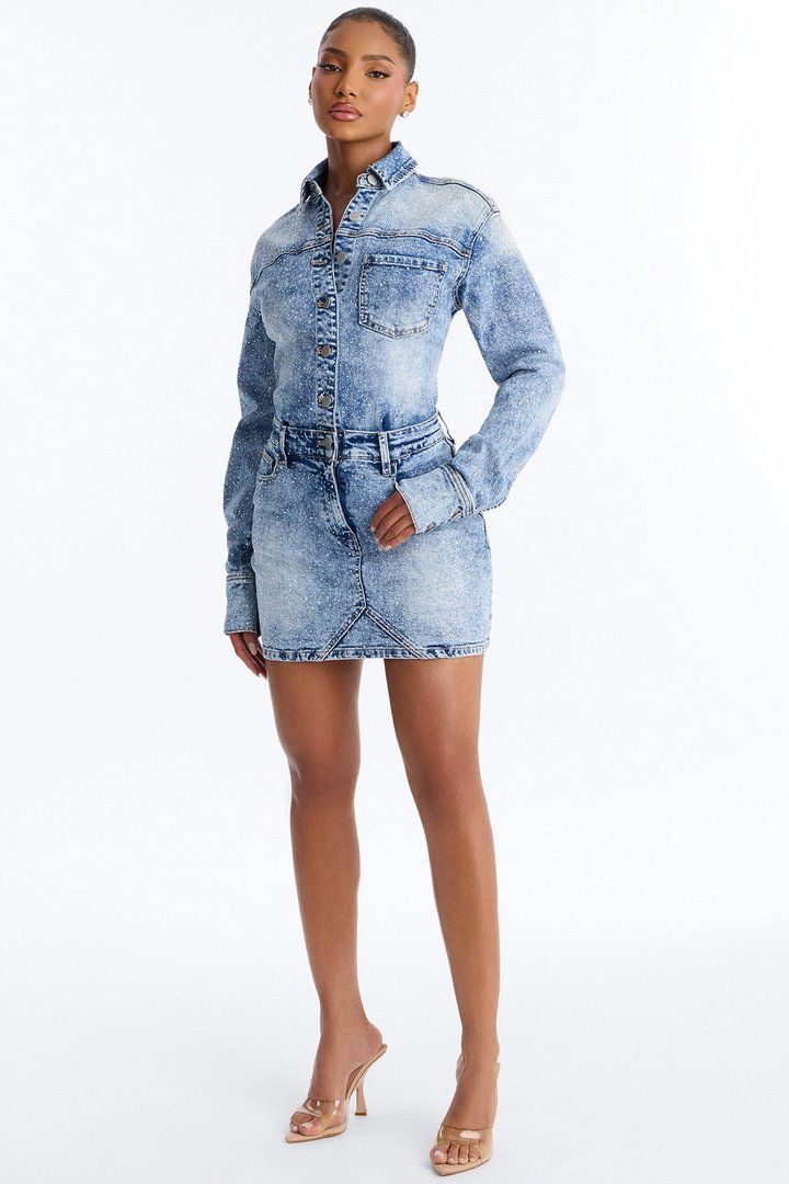 Belleville Rhinestone Denim Mini Dress - Light Blue Wash
