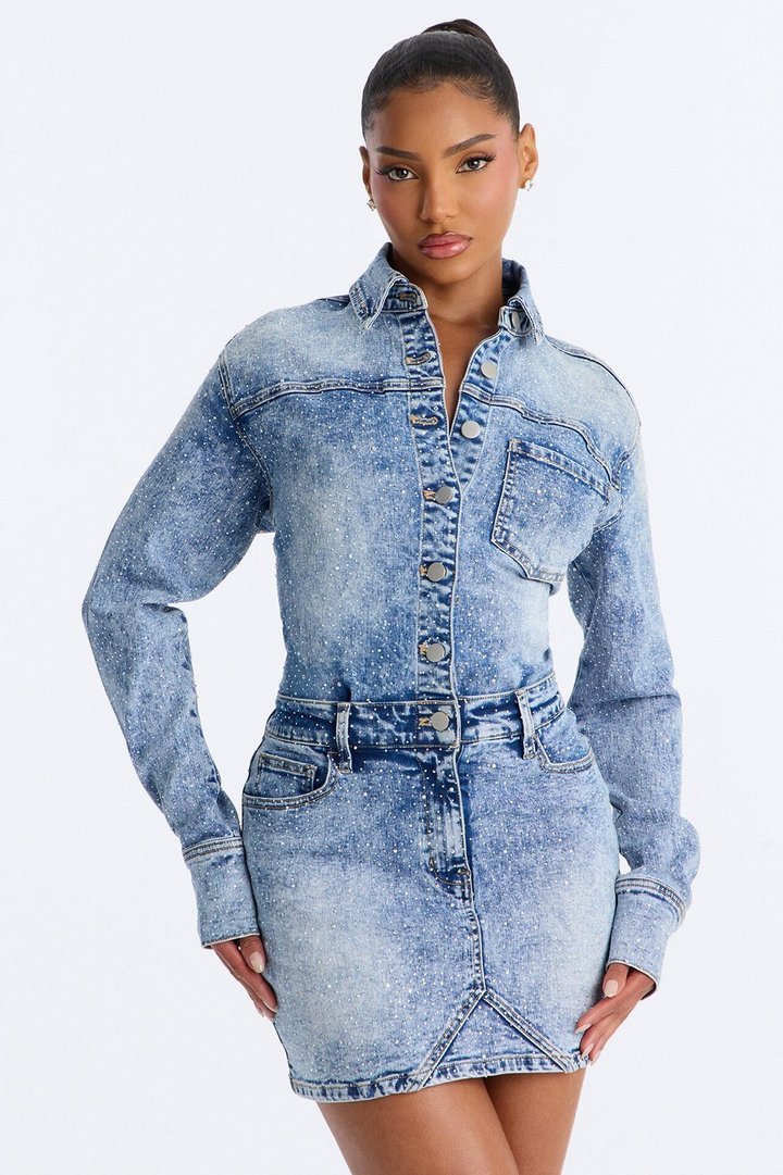 Belleville Rhinestone Denim Mini Dress - Light Blue Wash