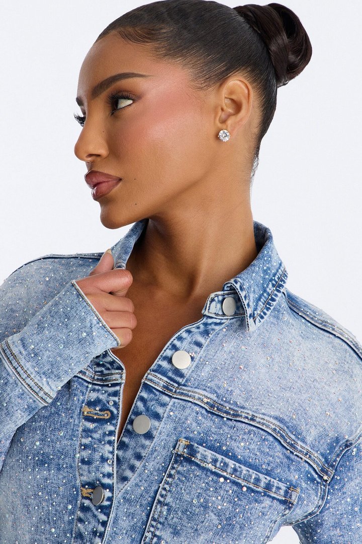 Belleville Rhinestone Denim Mini Dress - Light Blue Wash