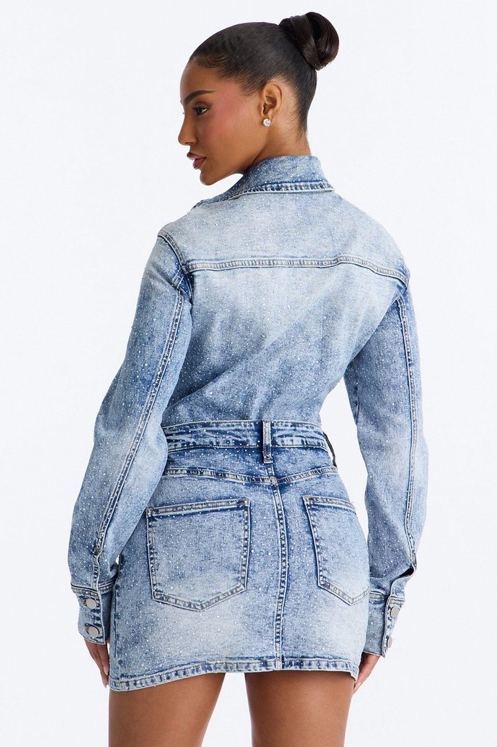 Belleville Rhinestone Denim Mini Dress - Light Blue Wash