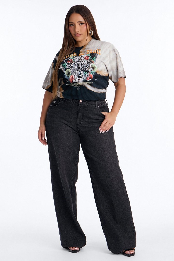 Rock & Roll Bleach Wash Crop Tee - Black Wash