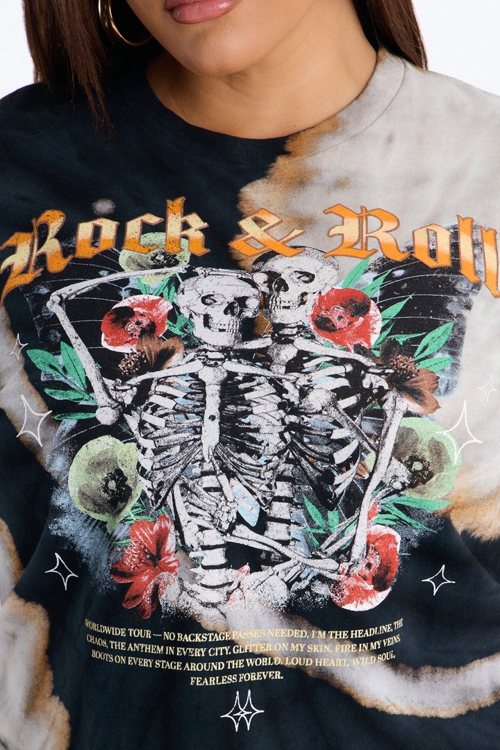 Rock & Roll Bleach Wash Crop Tee - Black Wash