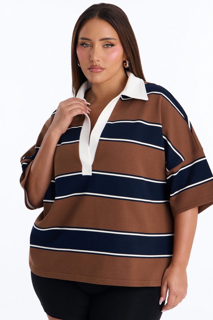 Emerson Striped Short Sleeve Polo Top - Brown/combo
