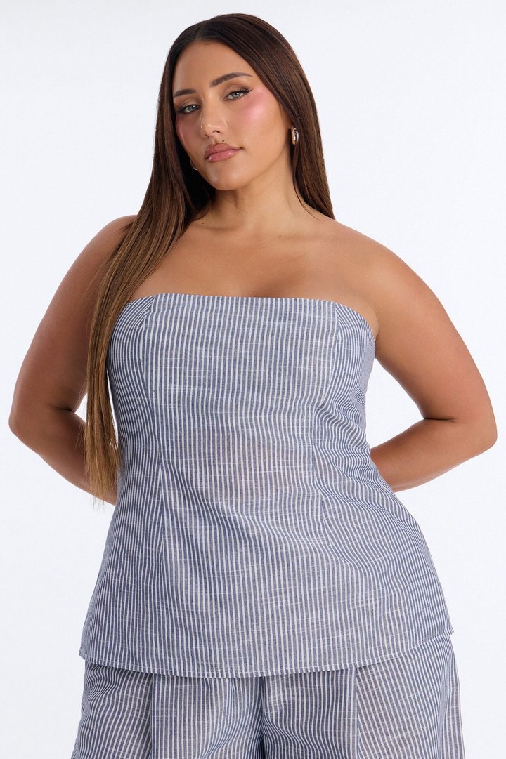 Luella Strapless Striped Linen Pant Set - White/Blue