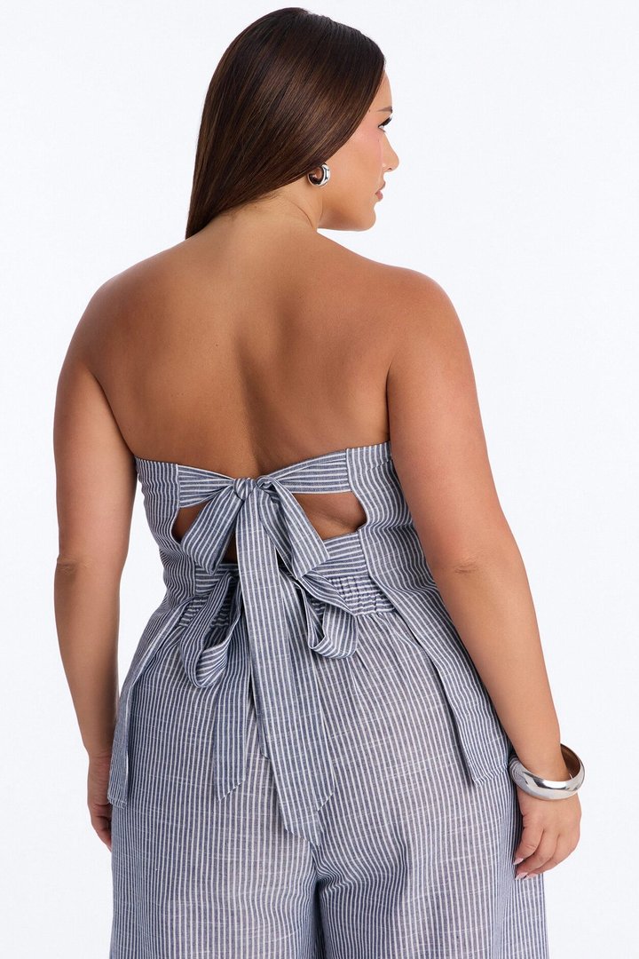 Luella Strapless Striped Linen Pant Set - White/Blue