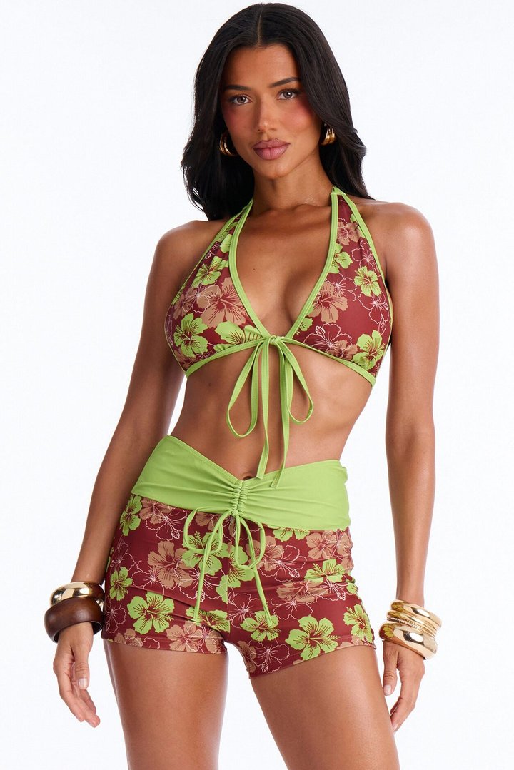 Alana Floral 3 Piece Halter Bikini & Short Sunsuit - Brown/combo