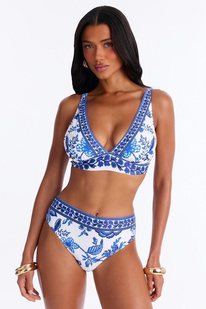Erica 2 Piece Floral Triangle Bikini Top & High Waisted Bottom Set - White/Blue