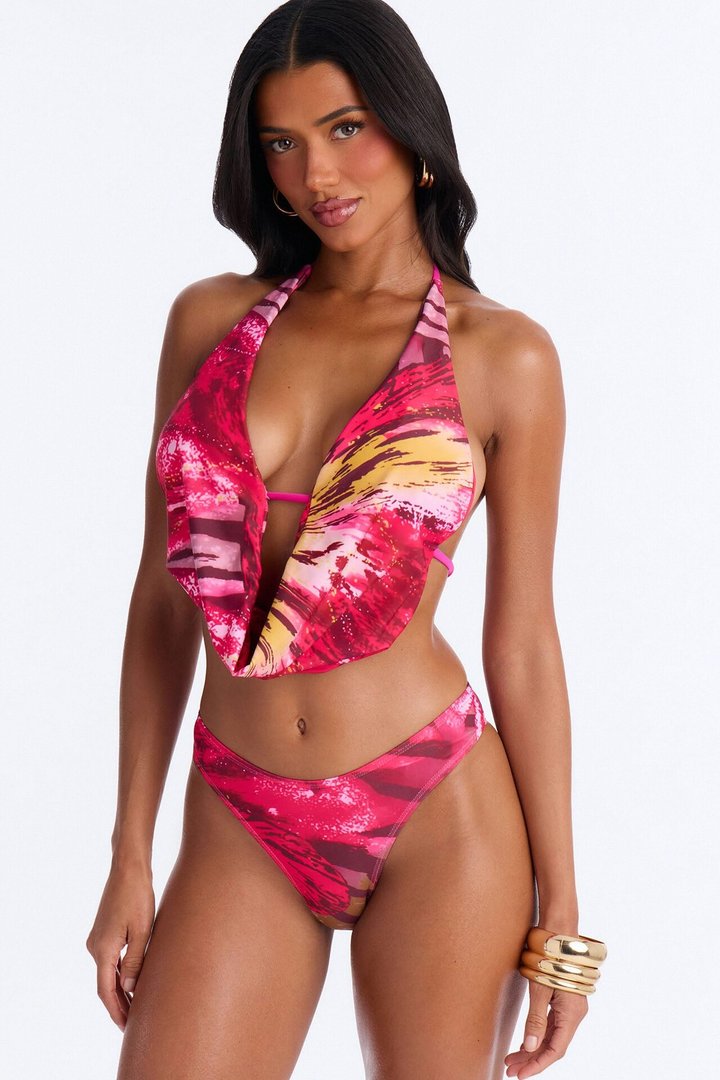 Going Coconuts Abstract Animal Sheer Sleeveless Slit 4 Piece Bikini Top Skirt Set - Pink/combo