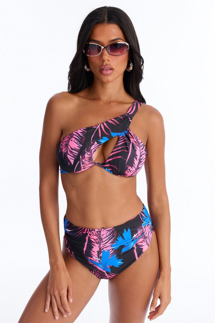 Nothing Like The Tropical Floral Underwire One Shoulder High Waist Maxi 3 Piece Bikini Kimono Set - Purple/combo