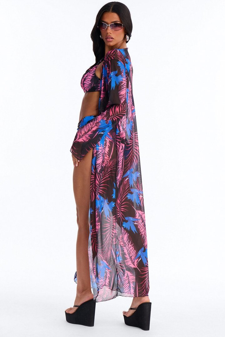 Nothing Like The Tropical Floral Underwire One Shoulder High Waist Maxi 3 Piece Bikini Kimono Set - Purple/combo
