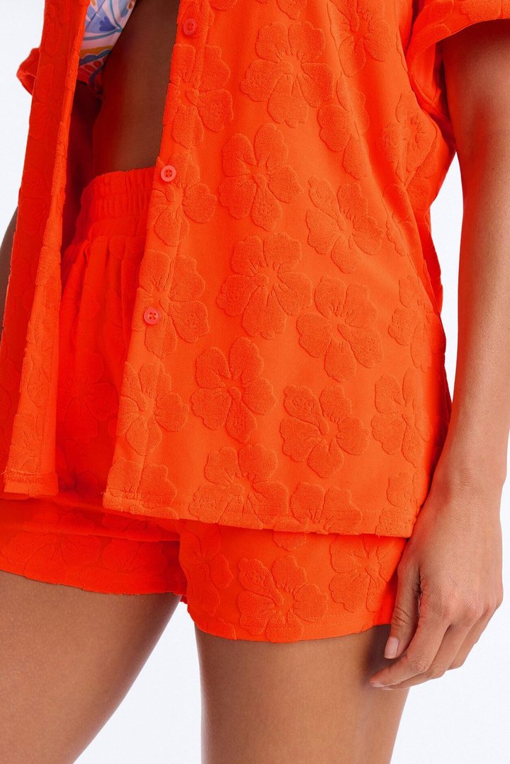 Cristal Textured Swim Cover Up Short Set - Orange