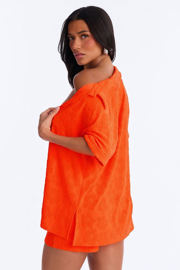 Cristal Textured Swim Cover Up Short Set - Orange