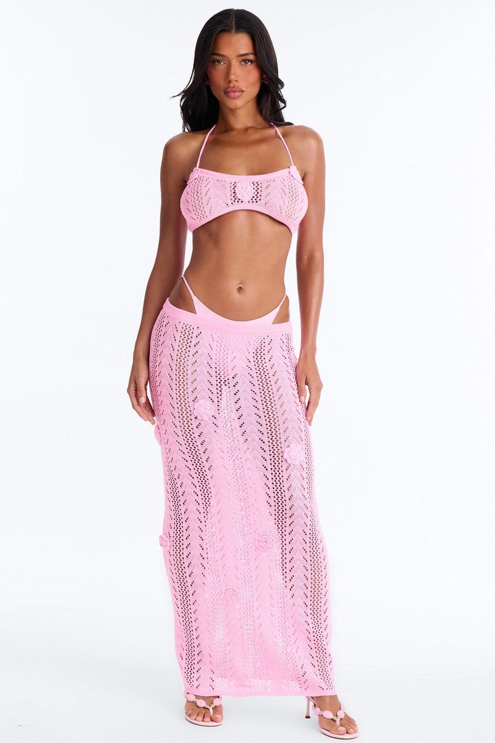 Seas The Bloom 3 Piece Floral Swim Crochet Cover Up Skirt Set - Pink
