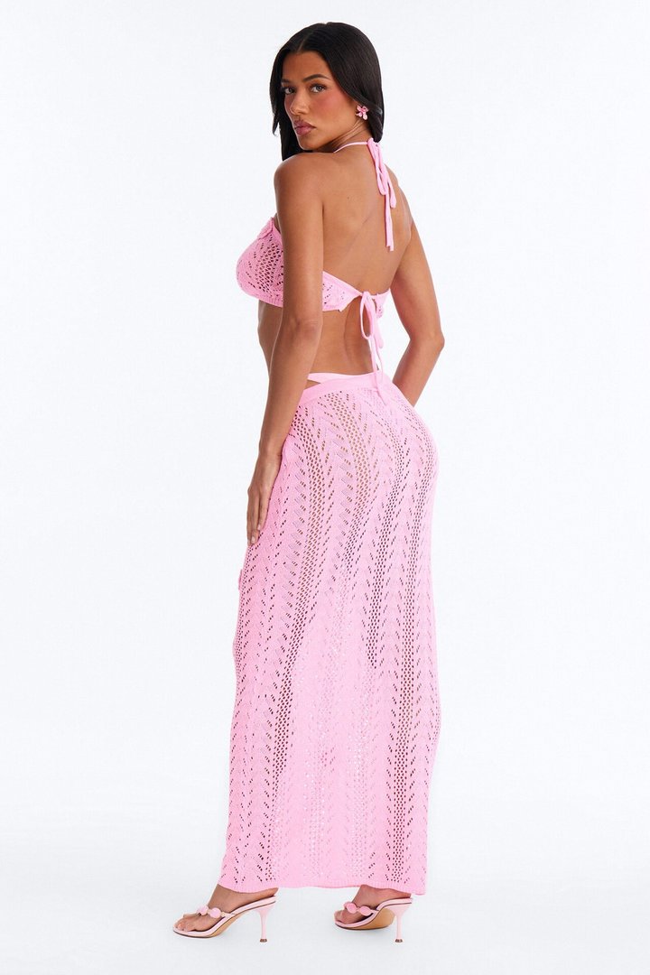 Seas The Bloom 3 Piece Floral Swim Crochet Cover Up Skirt Set - Pink