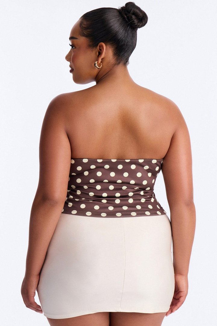 Bonnie Polka Dot Plunge Neck Strapless Top - Brown/combo