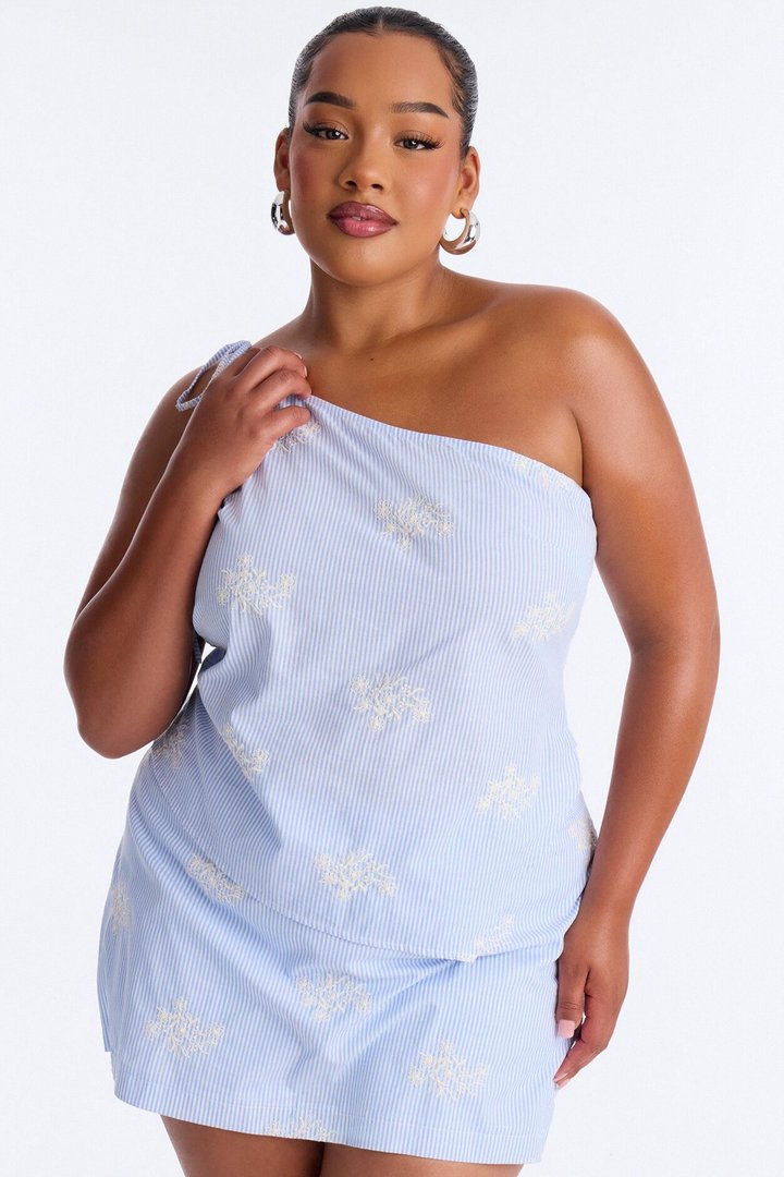 Mia Embroidered Striped Skort Set - White/Blue