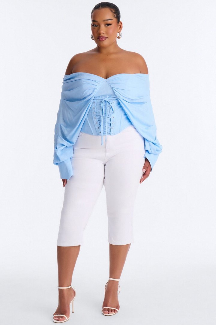Her Era Off Shoulder Lace Up Linen Corset - Blue
