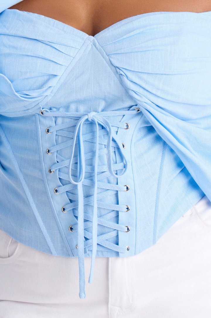Her Era Off Shoulder Lace Up Linen Corset - Blue