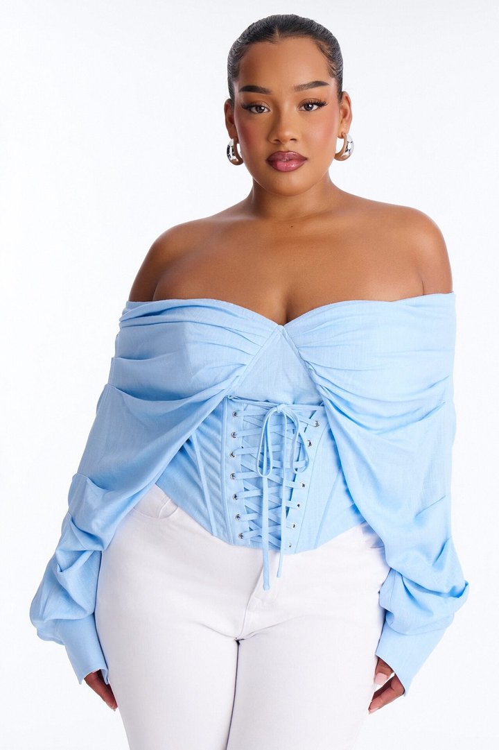 Her Era Off Shoulder Lace Up Linen Corset - Blue