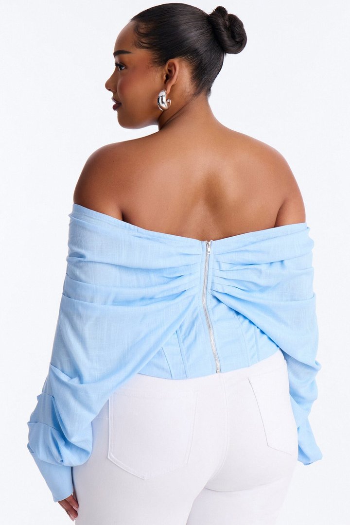 Her Era Off Shoulder Lace Up Linen Corset - Blue