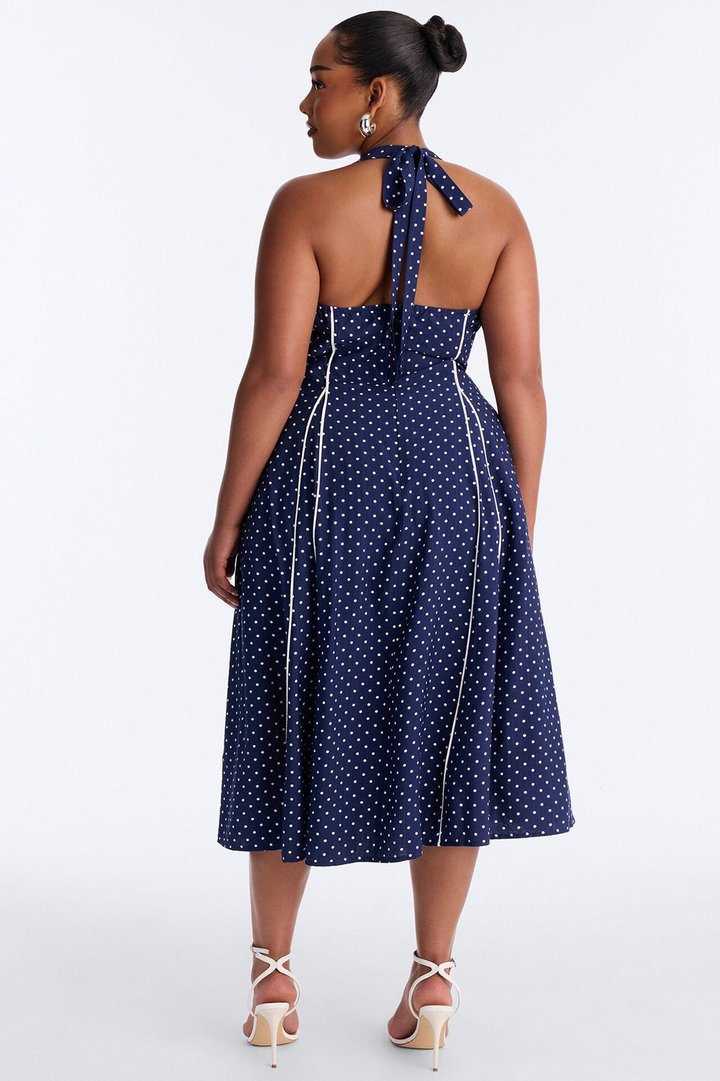Heidi Polka Dot Linen Midi Dress - Navy/combo
