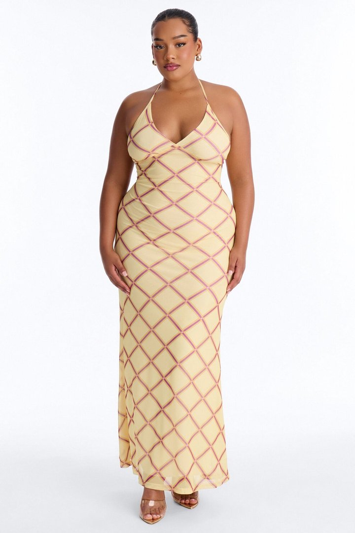 Lizzy Plaid Mesh Maxi Dress - Yellow/combo