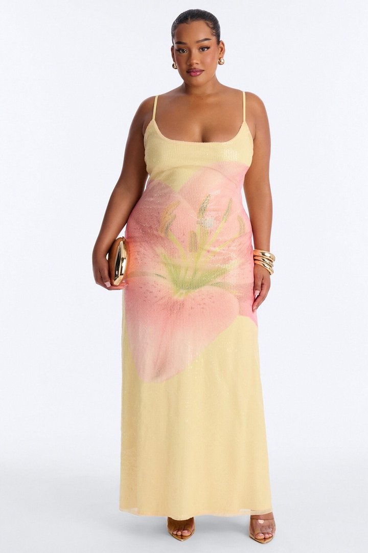 Sunset Bloom Floral Sequin Maxi Dress - Yellow/combo