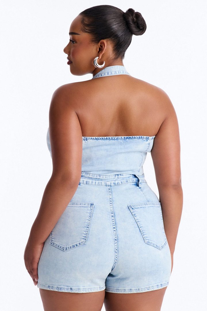 Yara Denim Halter Romper - Light Wash