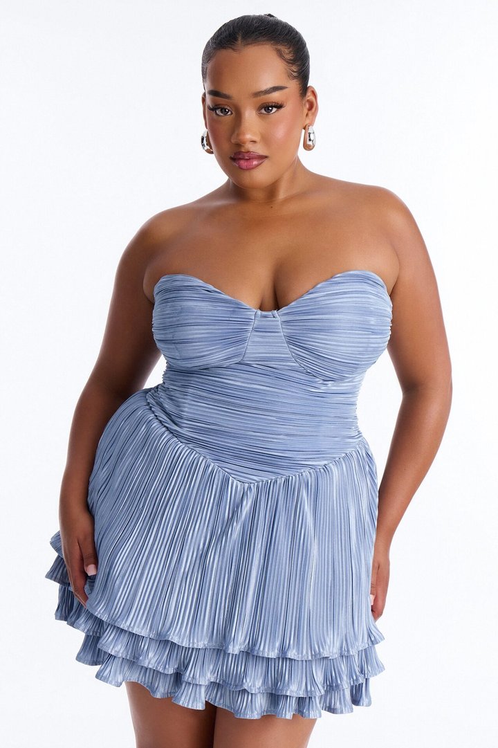Platinum Pressure Pleated Satin Mini Dress - Blue