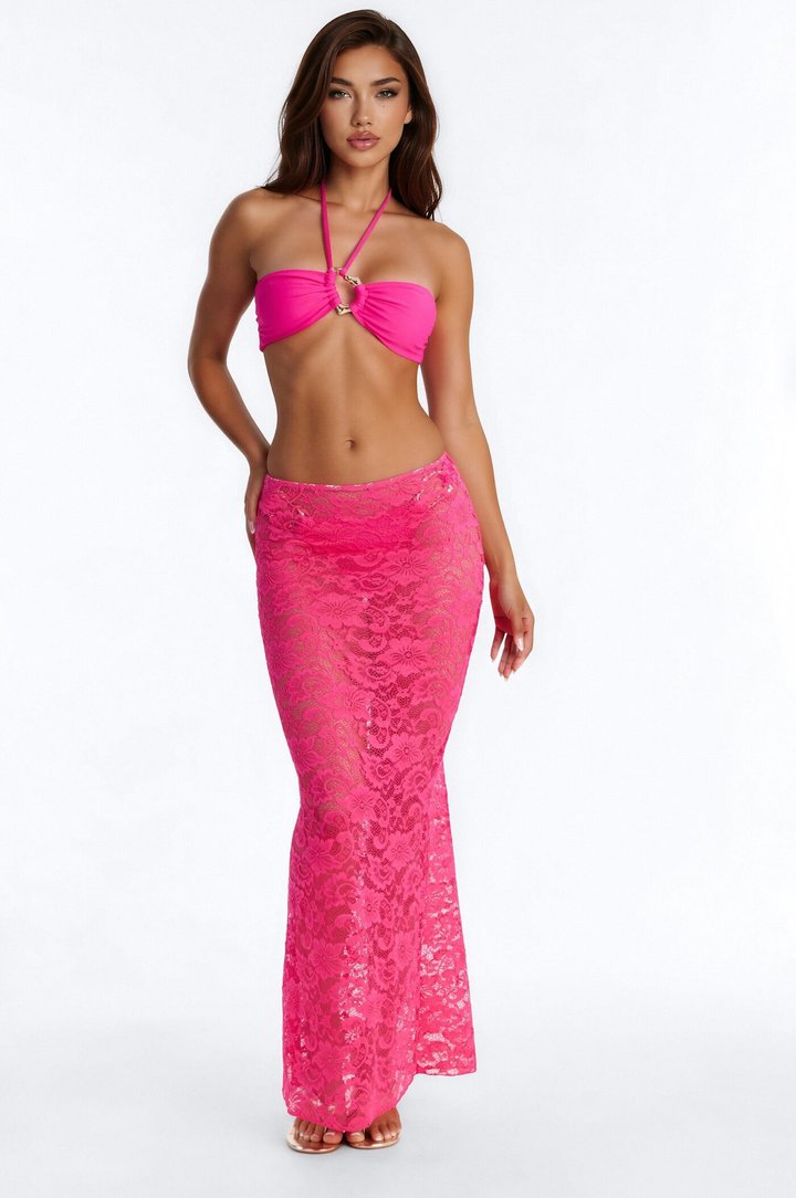 Naia 3 Piece Bandeau Bikini & Swim Cover Up Lace Maxi Skirt Sunsuit - Fuchsia