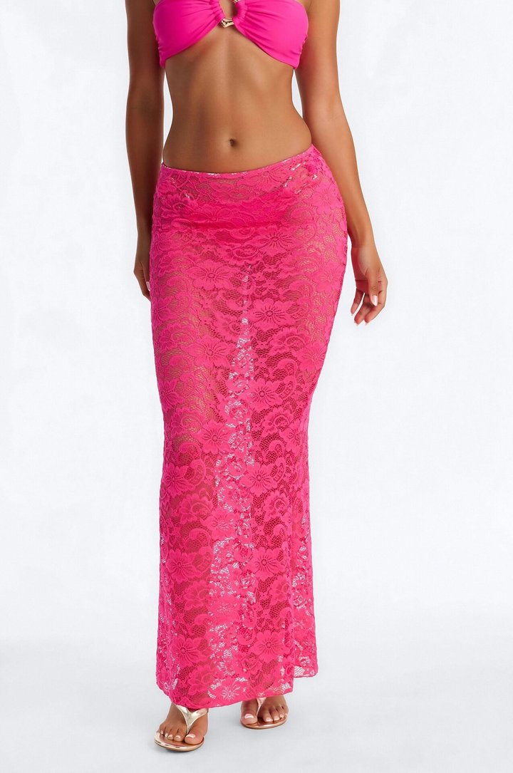 Naia 3 Piece Bandeau Bikini & Swim Cover Up Lace Maxi Skirt Sunsuit - Fuchsia